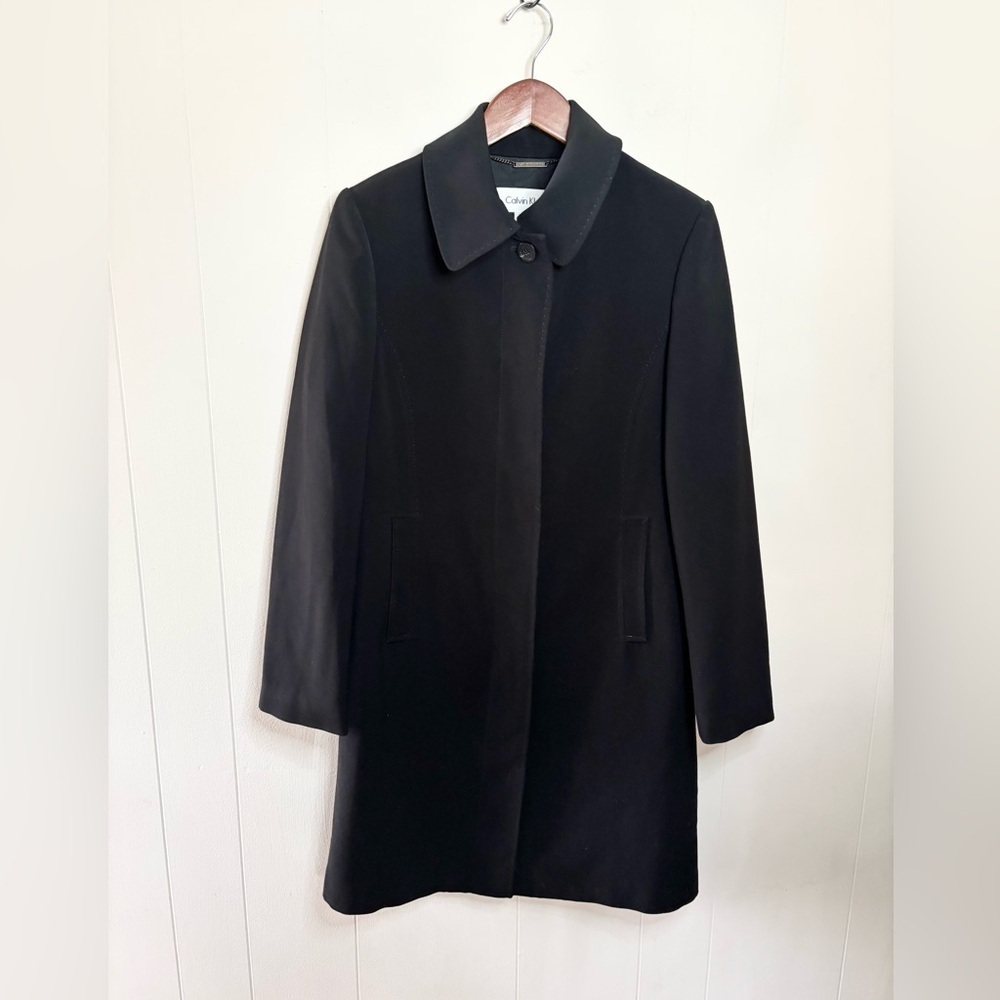 Calvin Klein black single breasted mid length coat jacket collared size XS